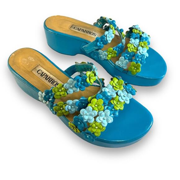 VINTAGE CAPARROS Turquoise Lime Floral and Bead Slide Platform Sandals SZ 6.5 - Picture 2 of 12